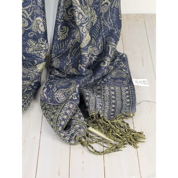Elegant Navy & Gold Paisley Scarf ~ 72" Long ~ Soft Fringe Wrap Lightweight - Picture 2 of 8